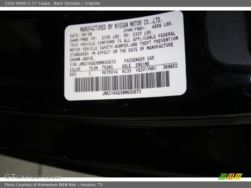 Black Obsidian / Graphite 2009 Infiniti G 37 Coupe