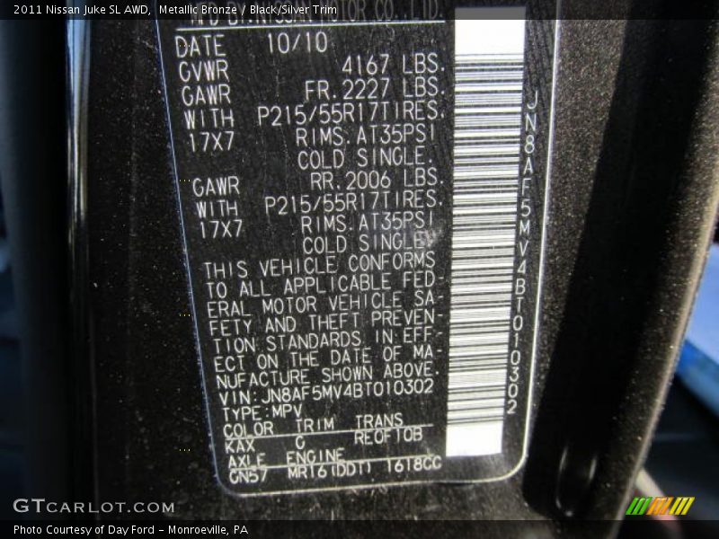 2011 Juke SL AWD Metallic Bronze Color Code KAX