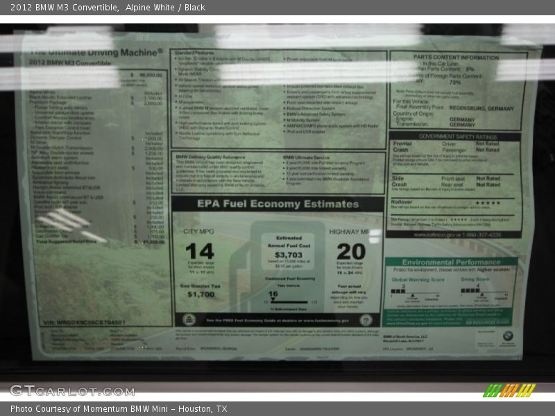  2012 M3 Convertible Window Sticker