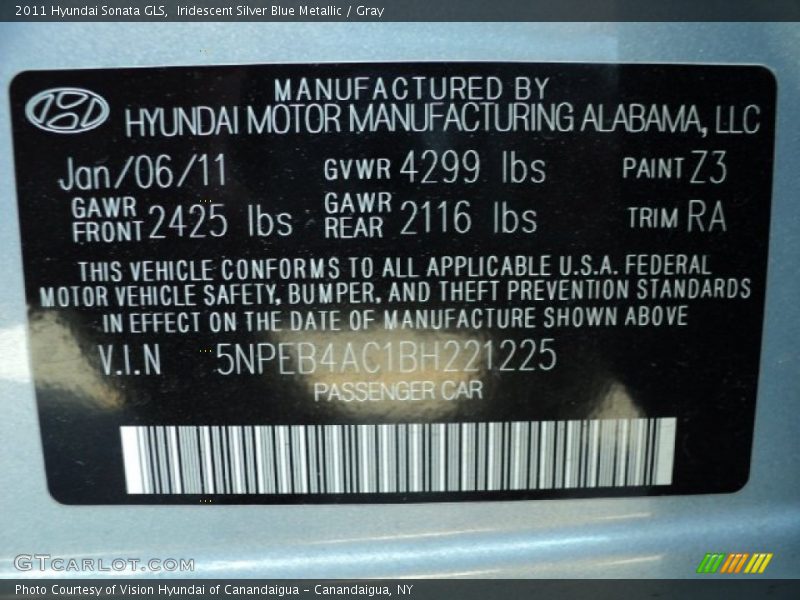 2011 Sonata GLS Iridescent Silver Blue Metallic Color Code Z3