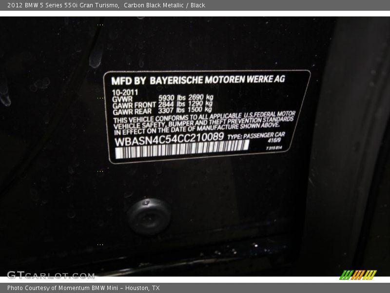 Carbon Black Metallic / Black 2012 BMW 5 Series 550i Gran Turismo