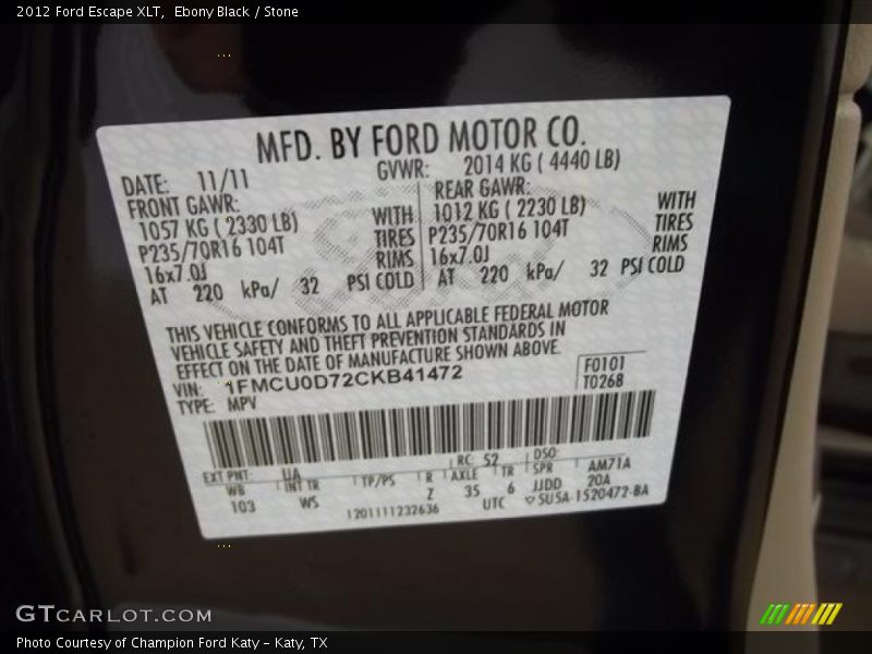 Ebony Black / Stone 2012 Ford Escape XLT