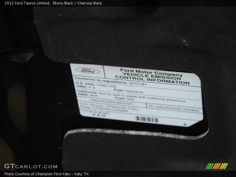 Ebony Black / Charcoal Black 2012 Ford Taurus Limited