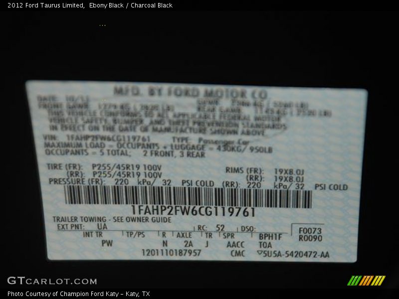 2012 Taurus Limited Ebony Black Color Code UA