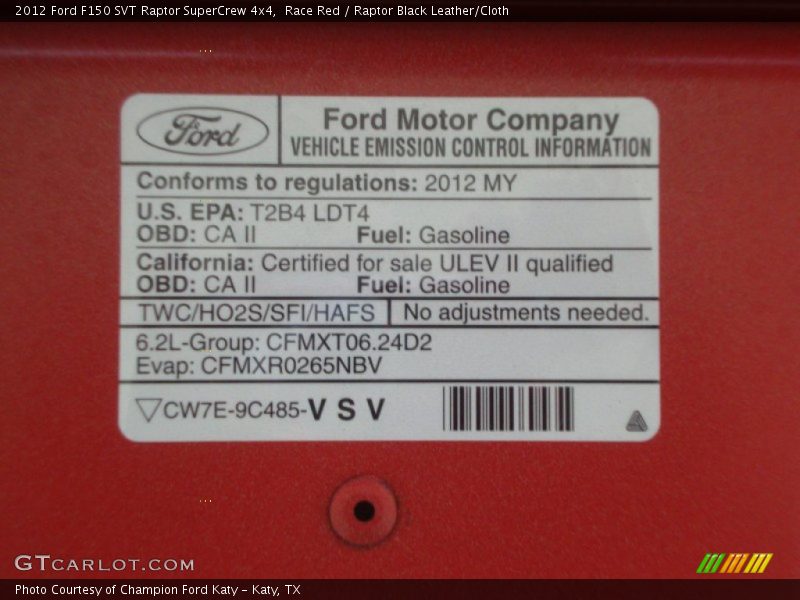 Emission control information - 2012 Ford F150 SVT Raptor SuperCrew 4x4
