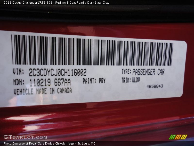 2012 Challenger SRT8 392 Redline 3 Coat Pearl Color Code PRY