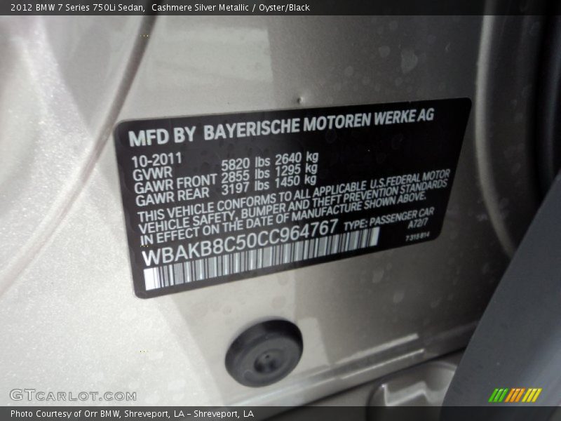 Cashmere Silver Metallic / Oyster/Black 2012 BMW 7 Series 750Li Sedan