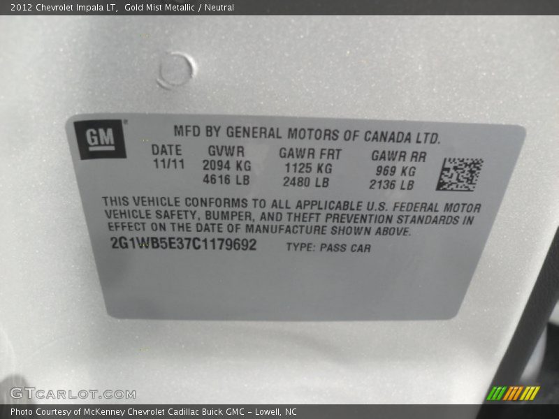 Gold Mist Metallic / Neutral 2012 Chevrolet Impala LT