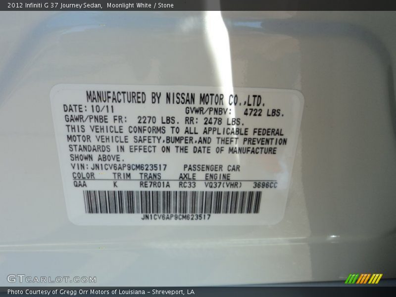 Moonlight White / Stone 2012 Infiniti G 37 Journey Sedan