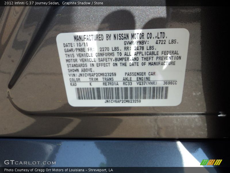 Graphite Shadow / Stone 2012 Infiniti G 37 Journey Sedan