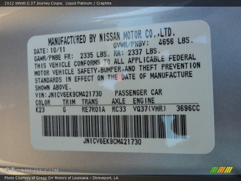 Liquid Platinum / Graphite 2012 Infiniti G 37 Journey Coupe