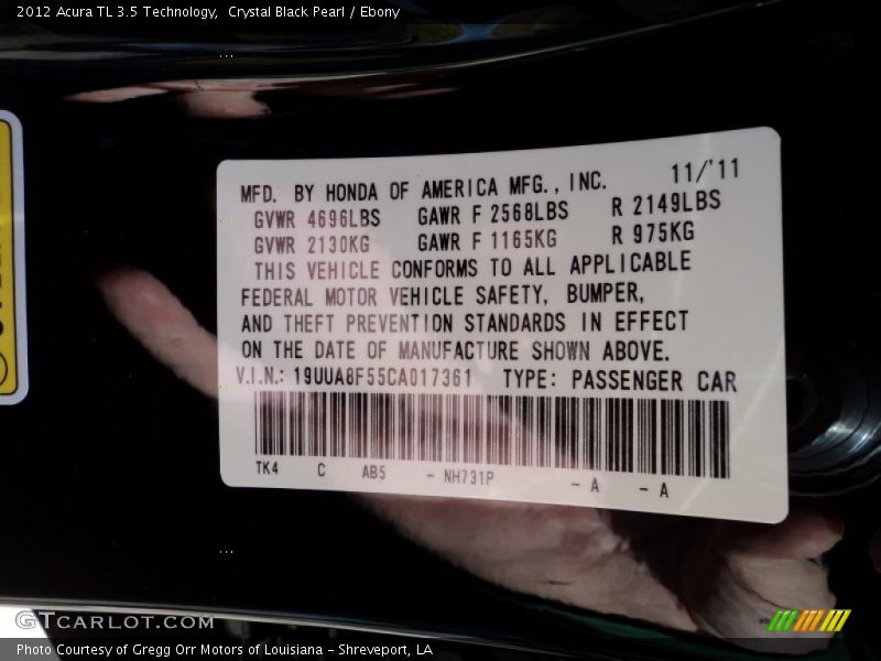 Crystal Black Pearl / Ebony 2012 Acura TL 3.5 Technology