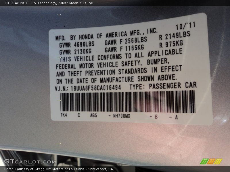NH700 - 2012 Acura TL 3.5 Technology