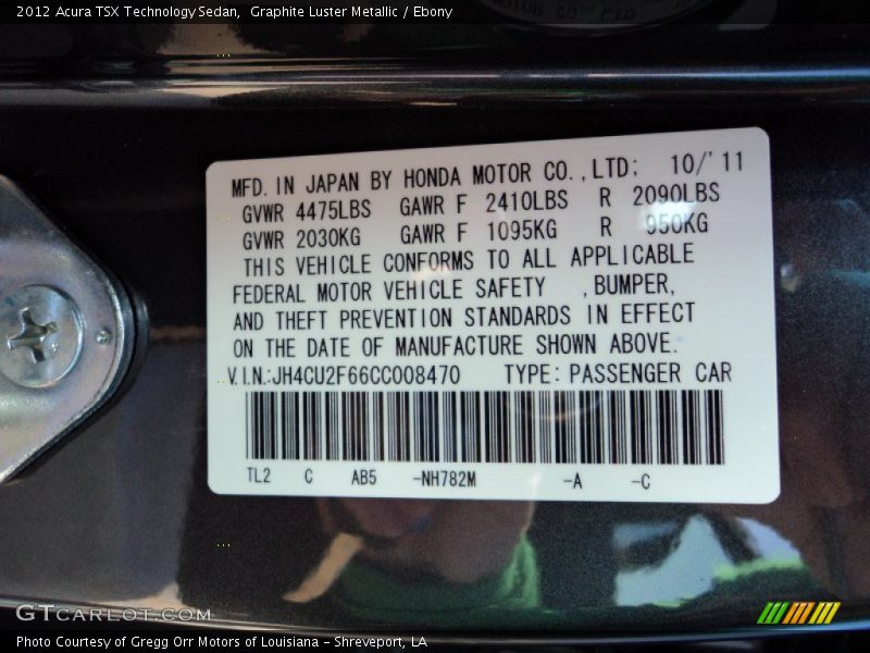 2012 TSX Technology Sedan Graphite Luster Metallic Color Code NH782
