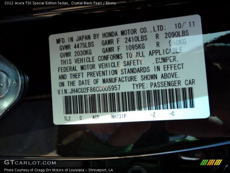 2012 TSX Special Edition Sedan Crystal Black Pearl Color Code NH731