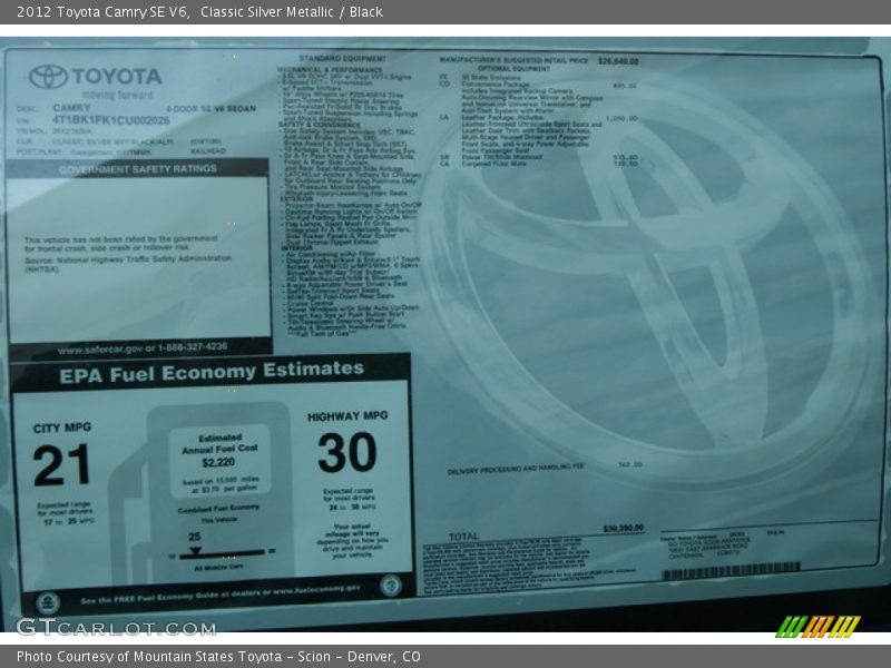 Classic Silver Metallic / Black 2012 Toyota Camry SE V6