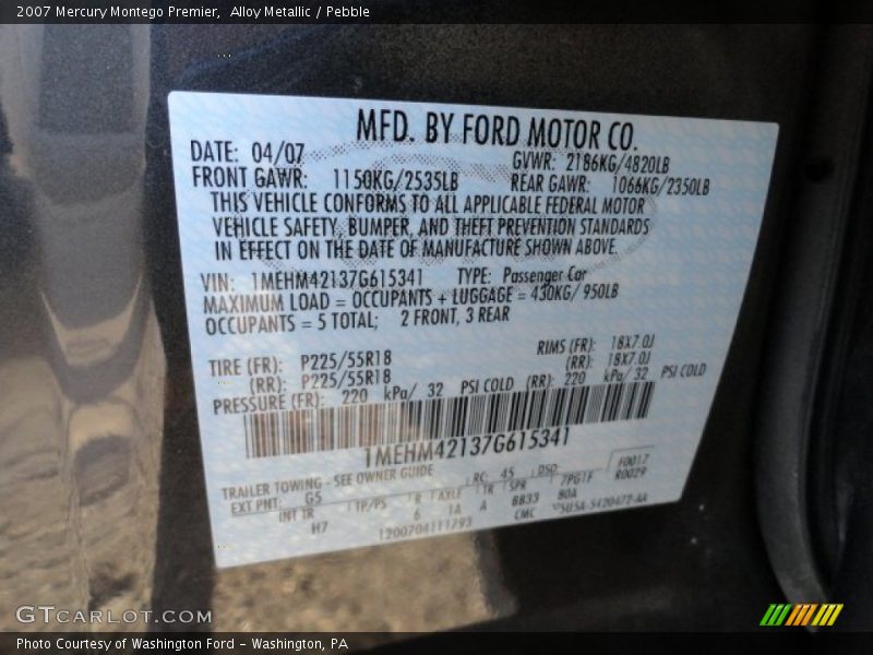 2007 Montego Premier Alloy Metallic Color Code G5