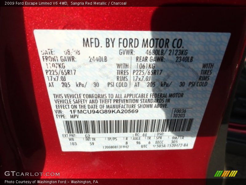 Sangria Red Metallic / Charcoal 2009 Ford Escape Limited V6 4WD