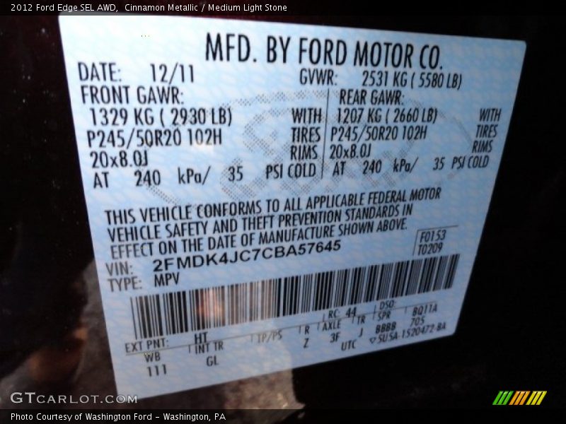 Cinnamon Metallic / Medium Light Stone 2012 Ford Edge SEL AWD