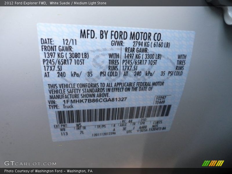 White Suede / Medium Light Stone 2012 Ford Explorer FWD