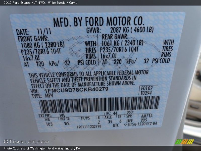 White Suede / Camel 2012 Ford Escape XLT 4WD