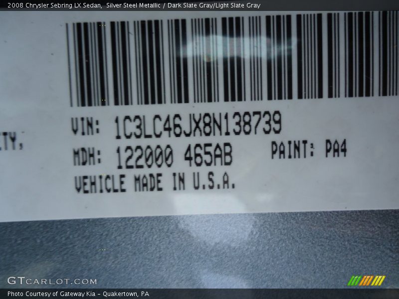 Silver Steel Metallic / Dark Slate Gray/Light Slate Gray 2008 Chrysler Sebring LX Sedan