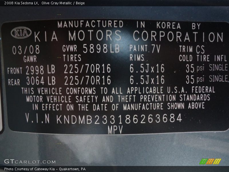 Olive Gray Metallic / Beige 2008 Kia Sedona LX