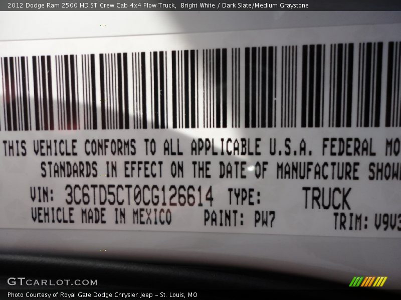 Bright White / Dark Slate/Medium Graystone 2012 Dodge Ram 2500 HD ST Crew Cab 4x4 Plow Truck