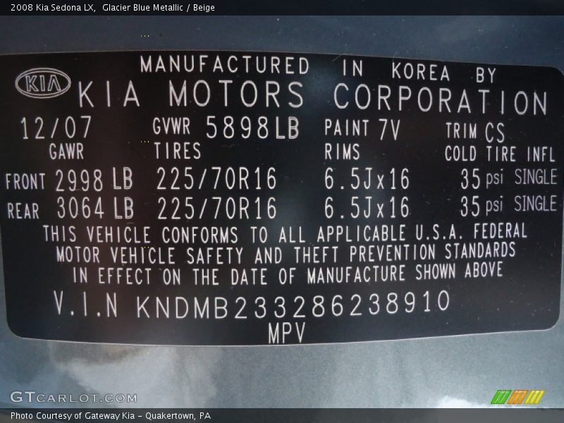 Glacier Blue Metallic / Beige 2008 Kia Sedona LX