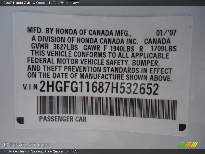 Taffeta White / Ivory 2007 Honda Civic LX Coupe