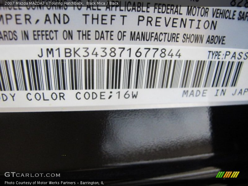 2007 MAZDA3 s Touring Hatchback Black Mica Color Code 16W