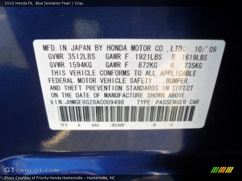 Blue Sensation Pearl / Gray 2010 Honda Fit
