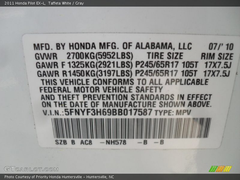 Taffeta White / Gray 2011 Honda Pilot EX-L