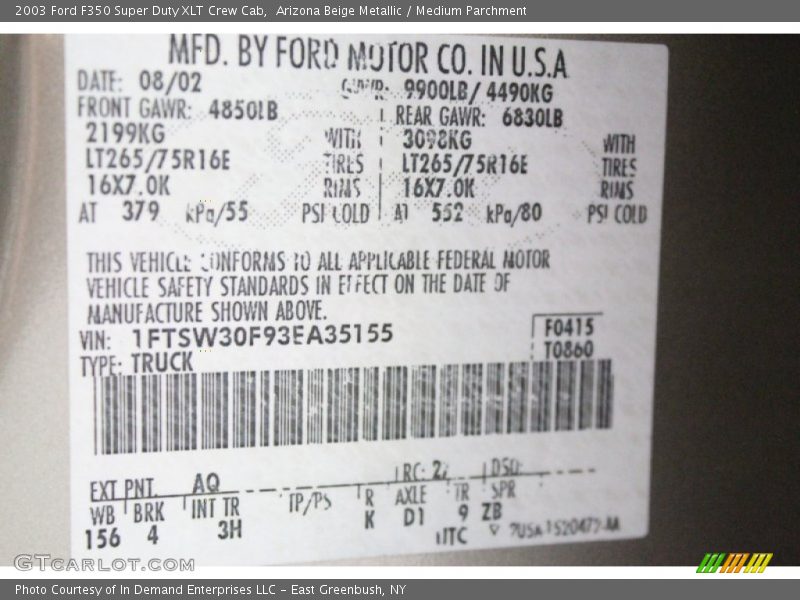 Arizona Beige Metallic / Medium Parchment 2003 Ford F350 Super Duty XLT Crew Cab