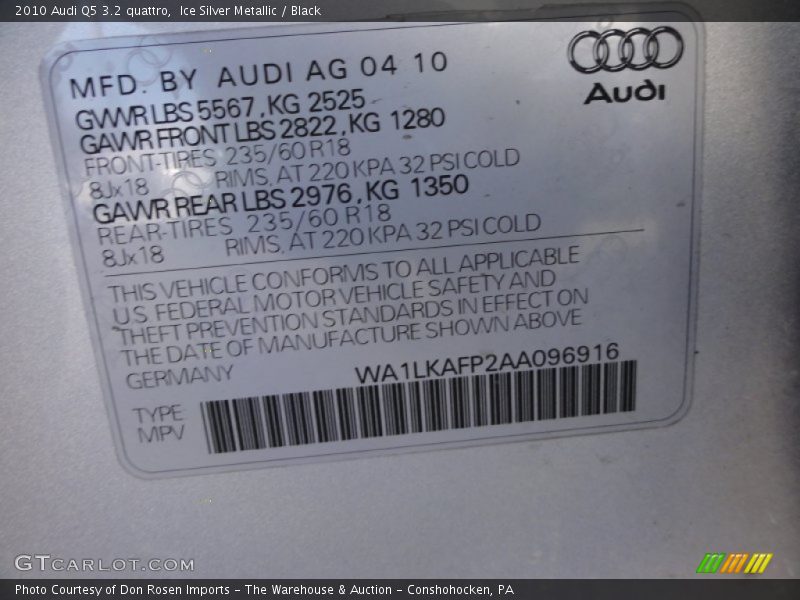 Ice Silver Metallic / Black 2010 Audi Q5 3.2 quattro
