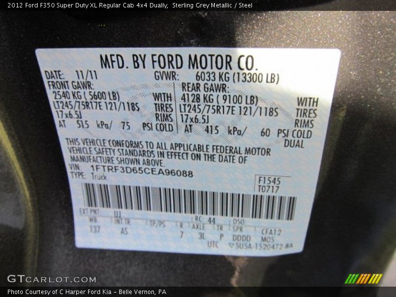 2012 F350 Super Duty XL Regular Cab 4x4 Dually Sterling Grey Metallic Color Code UJ