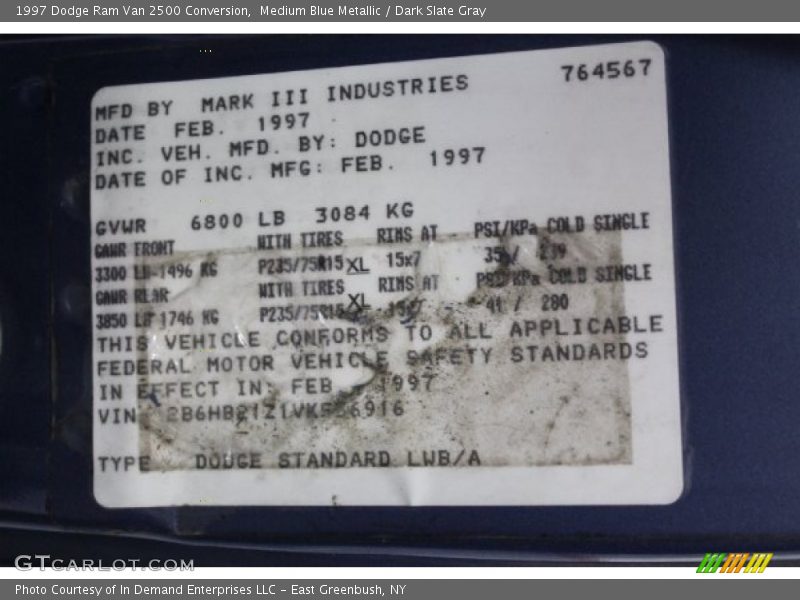 Medium Blue Metallic / Dark Slate Gray 1997 Dodge Ram Van 2500 Conversion