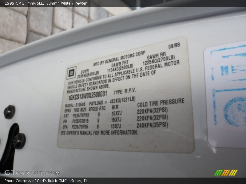 Summit White / Pewter 1999 GMC Jimmy SLE