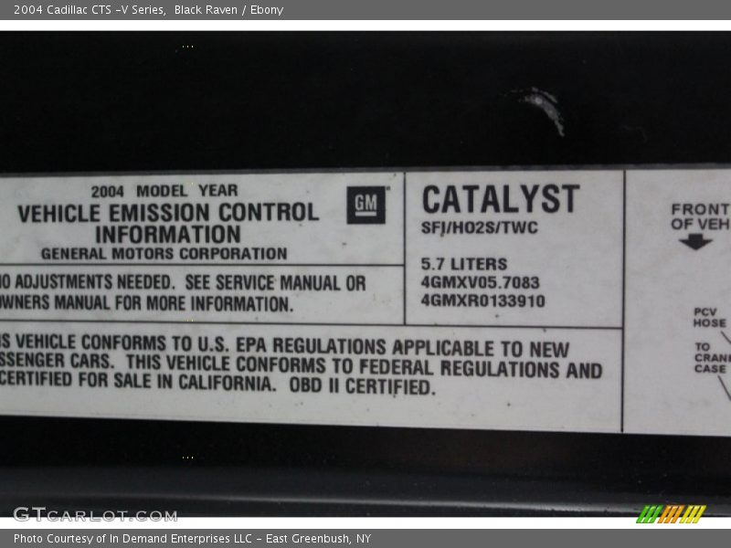 Info Tag of 2004 CTS -V Series