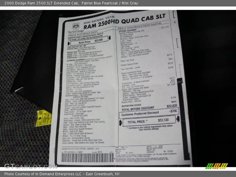  2000 Ram 2500 SLT Extended Cab Window Sticker