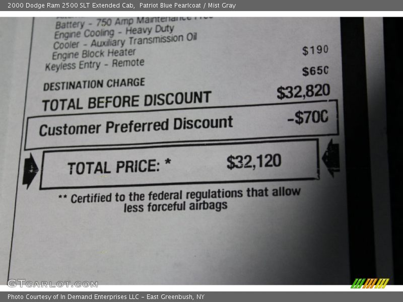  2000 Ram 2500 SLT Extended Cab Window Sticker