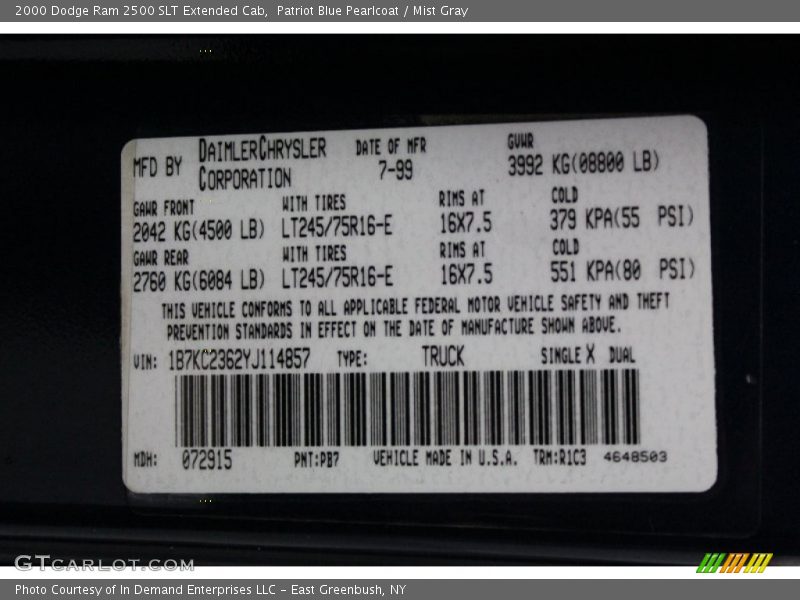 2000 Ram 2500 SLT Extended Cab Patriot Blue Pearlcoat Color Code PB7