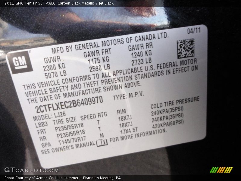Carbon Black Metallic / Jet Black 2011 GMC Terrain SLT AWD