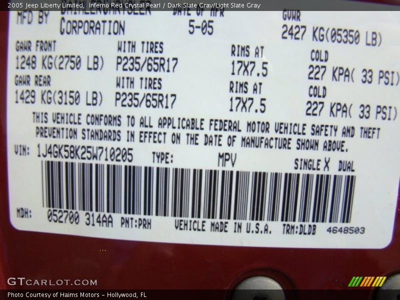 Inferno Red Crystal Pearl / Dark Slate Gray/Light Slate Gray 2005 Jeep Liberty Limited