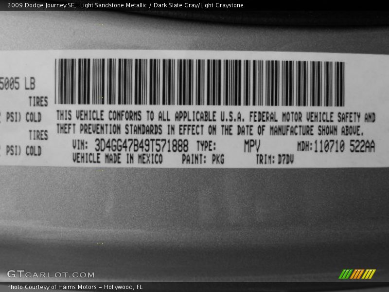 2009 Journey SE Light Sandstone Metallic Color Code PKG