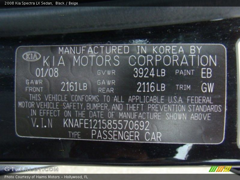 Black / Beige 2008 Kia Spectra LX Sedan