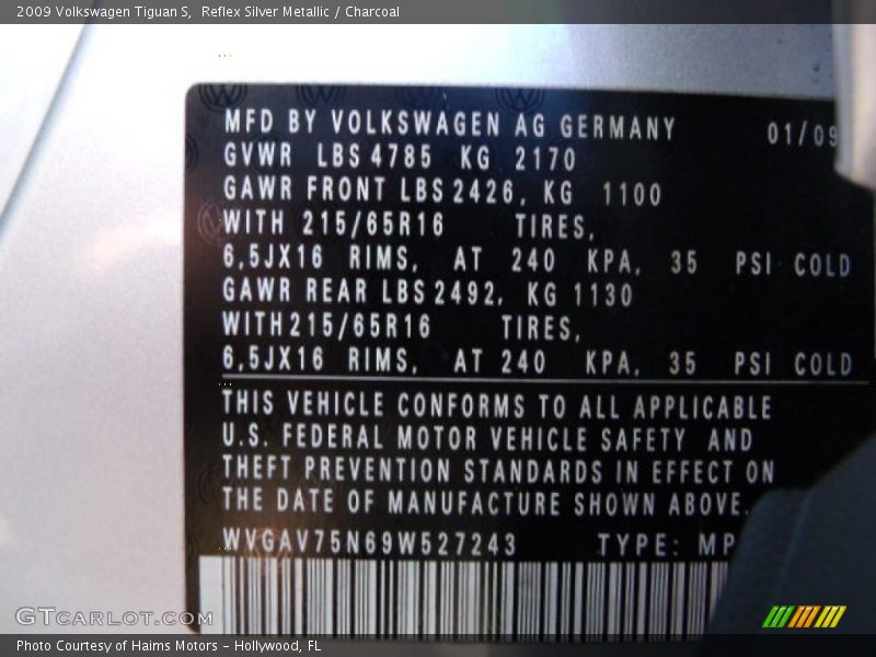 Reflex Silver Metallic / Charcoal 2009 Volkswagen Tiguan S