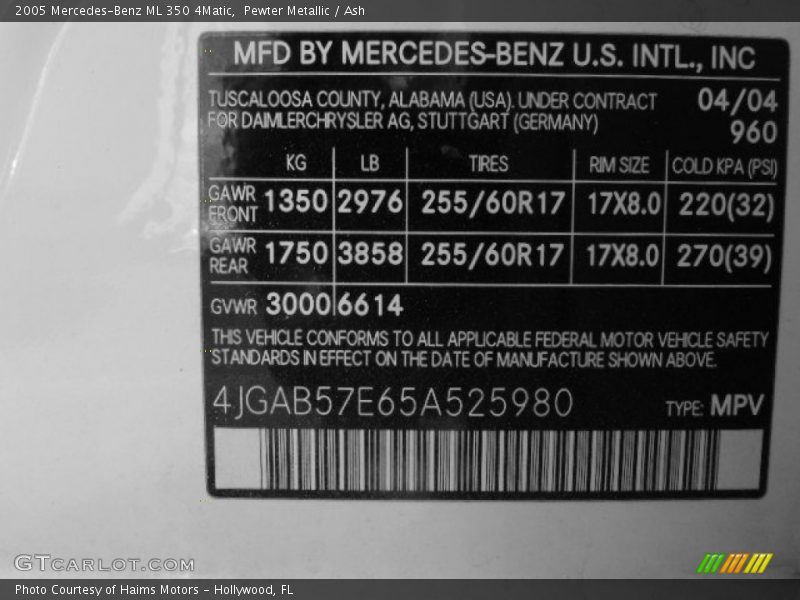Pewter Metallic / Ash 2005 Mercedes-Benz ML 350 4Matic