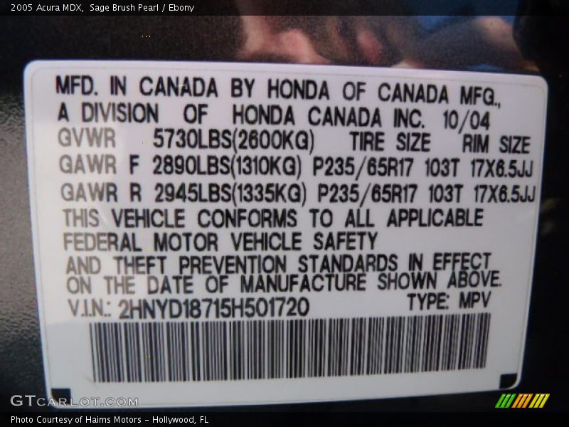 Sage Brush Pearl / Ebony 2005 Acura MDX