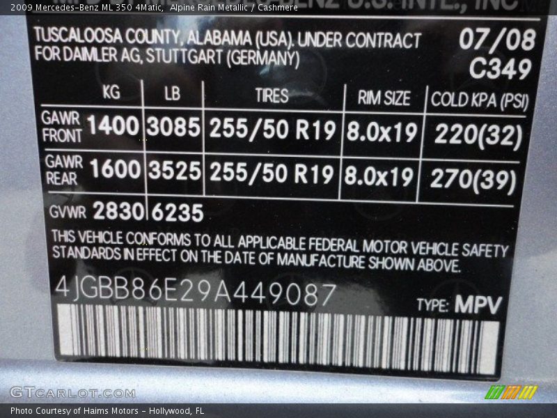 2009 ML 350 4Matic Alpine Rain Metallic Color Code 349